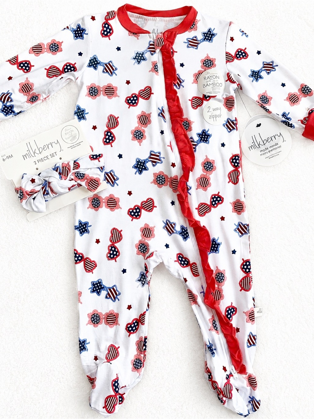 NWT Milkberry Patriotic Sunglasses Ruffle Footie Set 6-9M Headband Bamboo